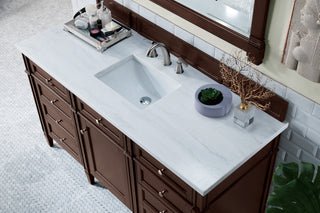 60 Inch Brittany Freestanding Vanity in Burnished Mahogany / Arctic Fall Solid Surface Top