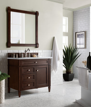 36 Inch Brittany Freestanding Vanity in Burnished Mahogany / Carrara White Top