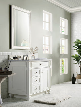 36 Inch Bristol Freestanding Vanity in Bright White / Arctic Fall Solid Surface Top
