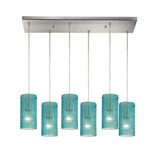 Ice Fragments 30'' Wide 6-Light Pendant - Satin Nickel and Aqua Glass