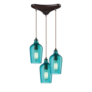 Hammered Glass 10'' Wide 3-Light Pendant - Oil Rubbed Bronze with Aqua