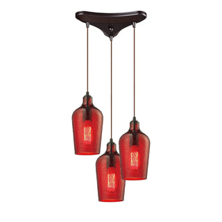 Hammered Glass 10'' Wide 3-Light Pendant - Oil Rubbed Bronze with Red