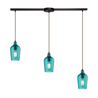 Hammered Glass 36'' Wide 3-Light Pendant - Oil Rubbed Bronze with Aqua