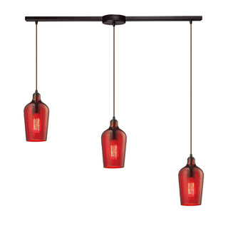 Hammered Glass 36'' Wide 3-Light Pendant - Oil Rubbed Bronze with Red