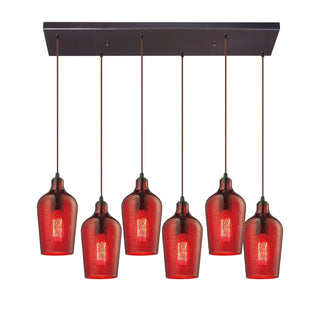 Hammered Glass 30'' Wide 6-Light Pendant - Oil Rubbed Bronze with Red