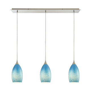 Earth 36'' Wide 3-Light Pendant - Satin Nickel with Sky Blue Glass