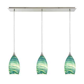 Collanino 36'' Wide 3-Light Pendant - Satin Nickel with Aqua Swirl Glass