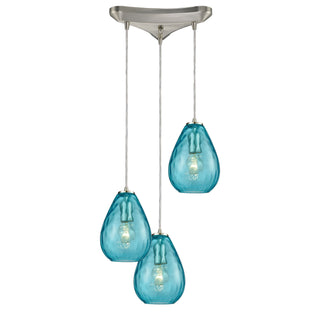 Lagoon 10'' Wide 3-Light Pendant - Satin Nickel with Aqua