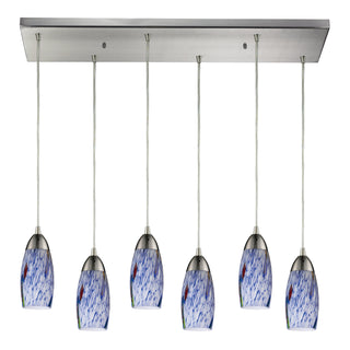 Milan 30'' Wide 6-Light Pendant - Satin Nickel with Starburst Blue Glass