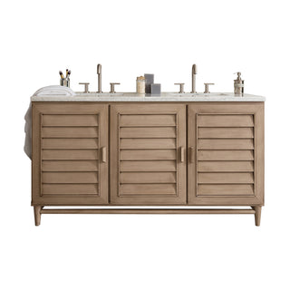 60 Inch Portland Freestanding Vanity in Whitewashed Walnut / Eternal Jasmine Pearl Top
