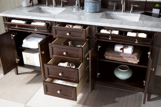 72 Inch Brittany Freestanding Vanity in Burnished Mahogany / Carrara White Top