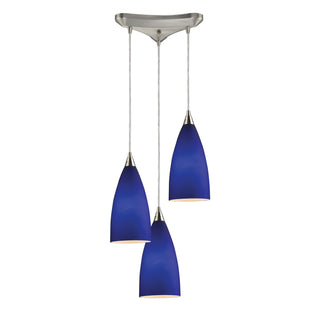 Vesta 10'' Wide 3-Light Pendant - Satin Nickel with Blue Glass