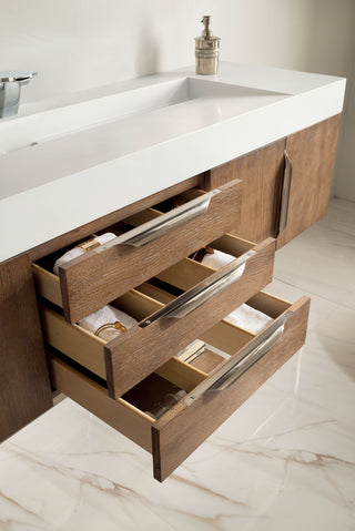 72.375 Inch Columbia Floating Vanity in Latte Oak / Glossy White Top
