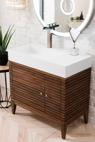 35.38 Inch Linear Freestanding Vanity in Mid-Century Walnut / Glossy White Top