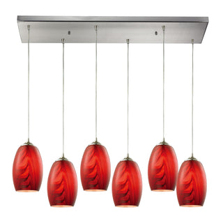 Tidewaters 30'' Wide 6-Light Pendant - Satin Nickel with Ruby Glass