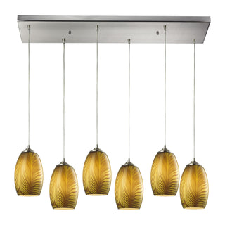 Tidewaters 30'' Wide 6-Light Pendant - Satin Nickel with Amber Glass