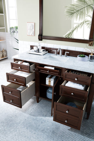 60 Inch Brittany Freestanding Vanity in Burnished Mahogany / Carrara White Top
