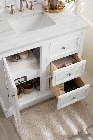 37.25 Inch De Soto Freestanding Vanity in Bright White / Arctic Fall Solid Surface Top