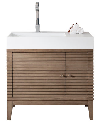 35.38 Inch Linear Freestanding Vanity in Whitewashed Walnut / Glossy White Top