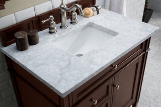 36 Inch Brittany Freestanding Vanity in Burnished Mahogany / Carrara White Top
