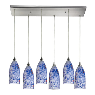 Verona 30'' Wide 6-Light Pendant - Satin Nickel with Starburst Blue Glass