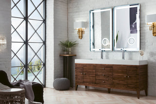 72.5 Inch Linear Freestanding Vanity in Mid-Century Walnut / Glossy White Top