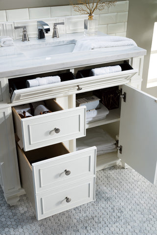 36 Inch Bristol Freestanding Vanity in Bright White / Arctic Fall Solid Surface Top