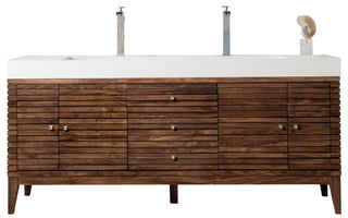 72.5 Inch Linear Freestanding Vanity in Mid-Century Walnut / Glossy White Top