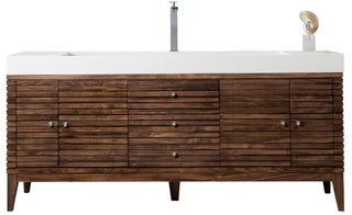 72.5 Inch Linear Freestanding Vanity in Mid-Century Walnut / Glossy White Top