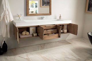 72.375 Inch Columbia Floating Vanity in Latte Oak / Glossy White Top