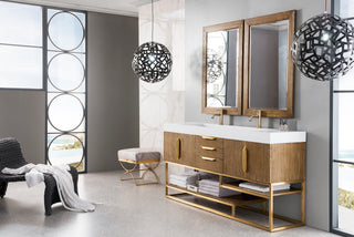 72.375 Inch Columbia Freestanding Vanity in Latte Oak / Glossy White Top