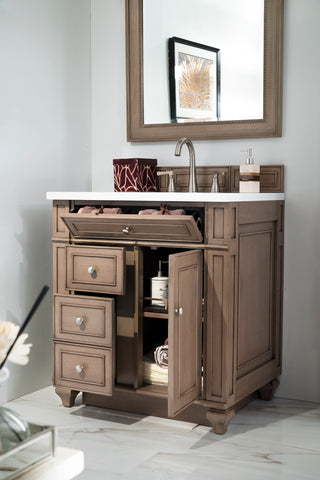 30 Inch Bristol Freestanding Vanity in Whitewashed Walnut / White Zeus Top