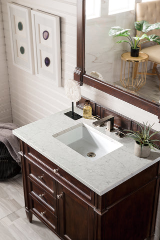 36 Inch Brittany Freestanding Vanity in Burnished Mahogany / Eternal Jasmine Pearl Top