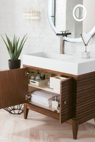 35.38 Inch Linear Freestanding Vanity in Mid-Century Walnut / Glossy White Top