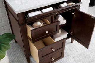 36 Inch Brittany Freestanding Vanity in Burnished Mahogany / Carrara White Top
