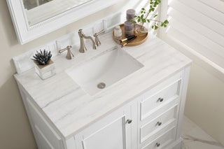 37.25 Inch De Soto Freestanding Vanity in Bright White / Arctic Fall Solid Surface Top