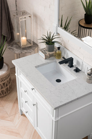 36 Inch Brittany Freestanding Vanity in Bright White / Eternal Jasmine Pearl Top