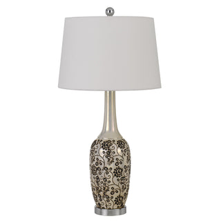 150W Paxton Ceramic Table Lamp With Leaf Design And Taper Drum Hardback Fabric Shade (Priced And Sold As Pairs)