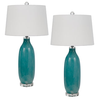 150W 3 way Cullman glass table lamp with crystal base and hardback taper drum fabric shade (sold as pairs) Aqua