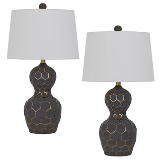 150W 3 way Tuscaloosa resin table lamp with hardback taper drum Fabric shade (sold as pairs) Matte Black/Gold