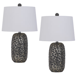 150W 3 way Menlo resin table lamp with hardback taper drum fabric shade (sold as pairs) Ash Black/Antique silver