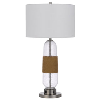 150W 3 way Everett bubbled glass table lamp with burlap design and drum fabric shade. Equipped with 1 USB and 1 USB-C charging ports