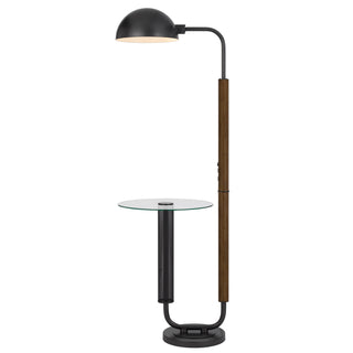 100W Keyser metal floor lamp with faux wood pole and glass tray table and metal shade. Equipped with 1 USB and 1 USB-C charging ports Oak/Black