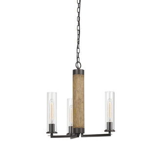 60W X 3 Silverton Metal/Wood 3 Light Chandelier With Glass Shades. Edison Bulbs Included