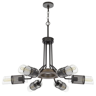 60W X 6 Savona Pine Wood/Metal Chandelier With Double Layer Glass/Metal Mesh Shade. (Edison Bulbs Not Included)