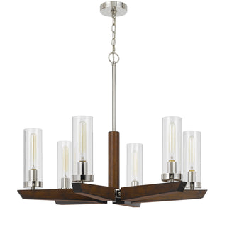 60W X 6 Ercolano Pine Wood/Metal Chandelier With Clear Glass Shade (Edison Bulbs Not Included)