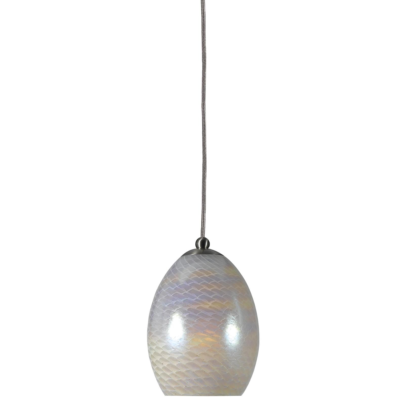 White Iridescence Glass Pendant with Brushed Steel Cord