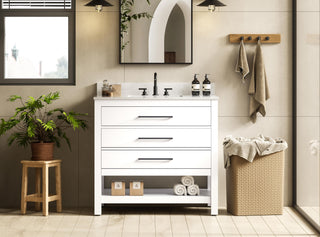 36 inch Single Bathroom Vanity in White with backsplash