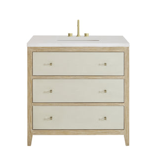 36 Inch Celeste Freestanding Vanity in Sunwashed Oak with Embossed Shagreen Drawer Fronts / White Zeus Top