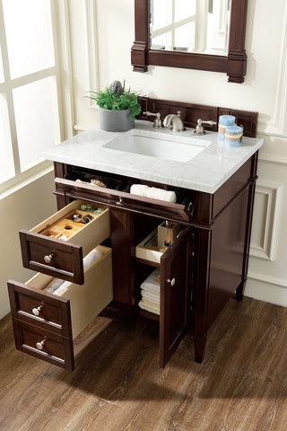 30 Inch Brittany Freestanding Vanity in Burnished Mahogany / Carrara White Top
